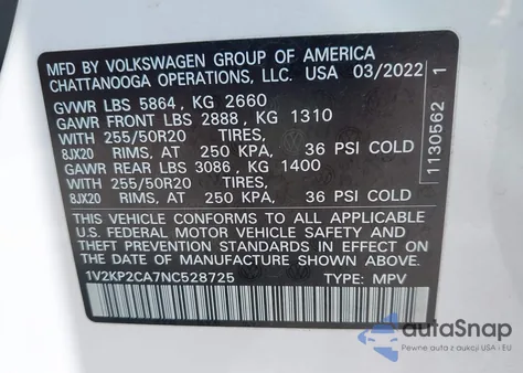 2022 Volkswagen Atlas 2.0T Se W/Technology z USA, uszkodzony, nr VIN 1V2KP2CA7NC528725